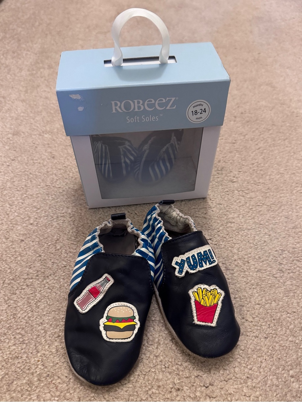 Robeez Navy, Blue and White Striped Soft Soles with Food Patches - Size 18-24 mo